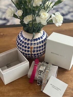 Michael Kors Silver-Tone Rectangular Watch with Bright Pink Strap